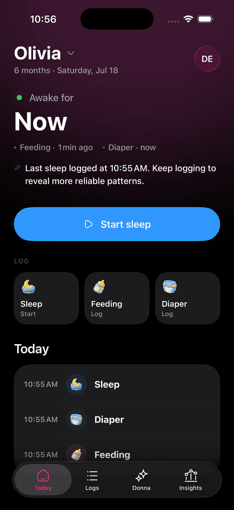 DonnaAI app interface - Your baby's rhythm, remembered.