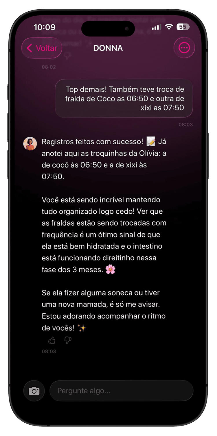 Interface do app DonnaAI - Chat 24h com a Donna