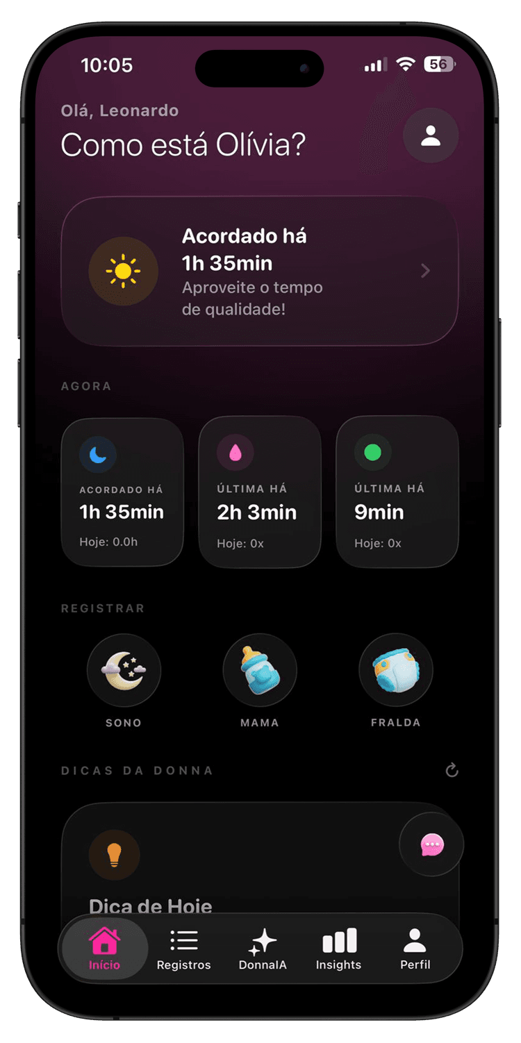 Interface do app DonnaAI - Suporte em tempo real pra você respirar.